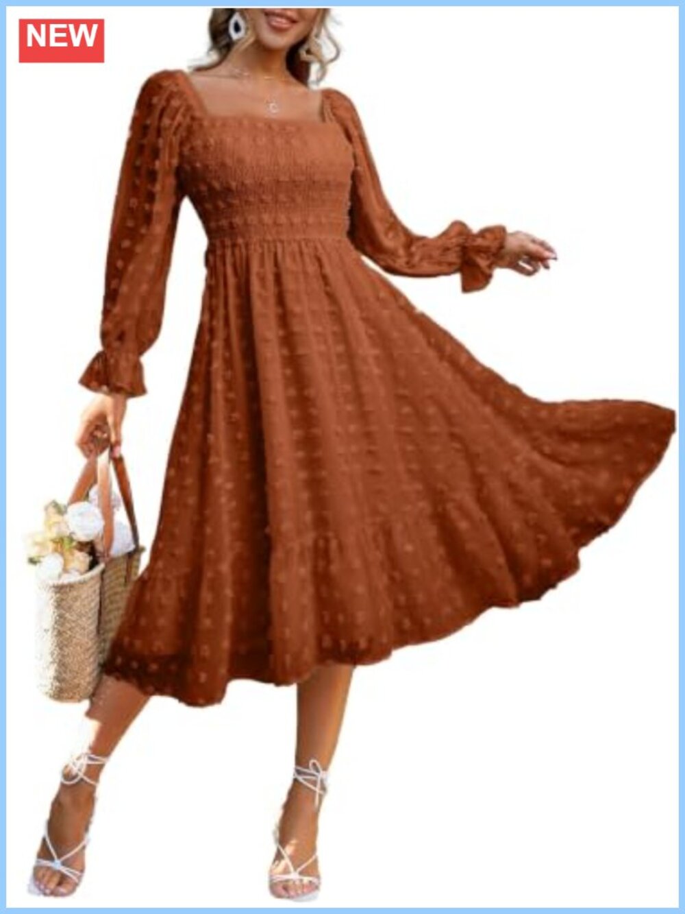 Boho Flowy Long Sleeve Square Neck Smocked Midi Dress Swiss Dot A-Line